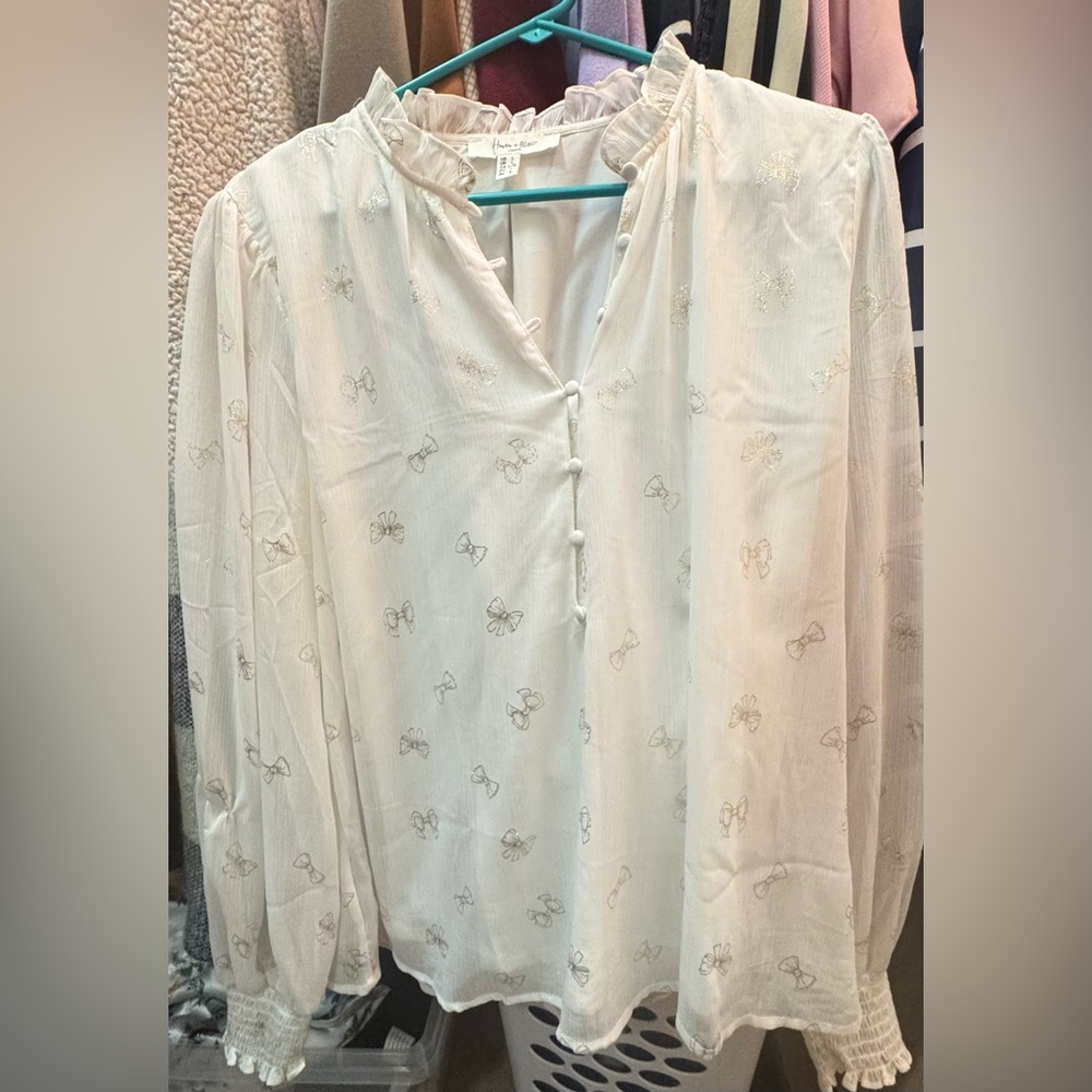 Haven + Blair White Blouse with Bow Pattern